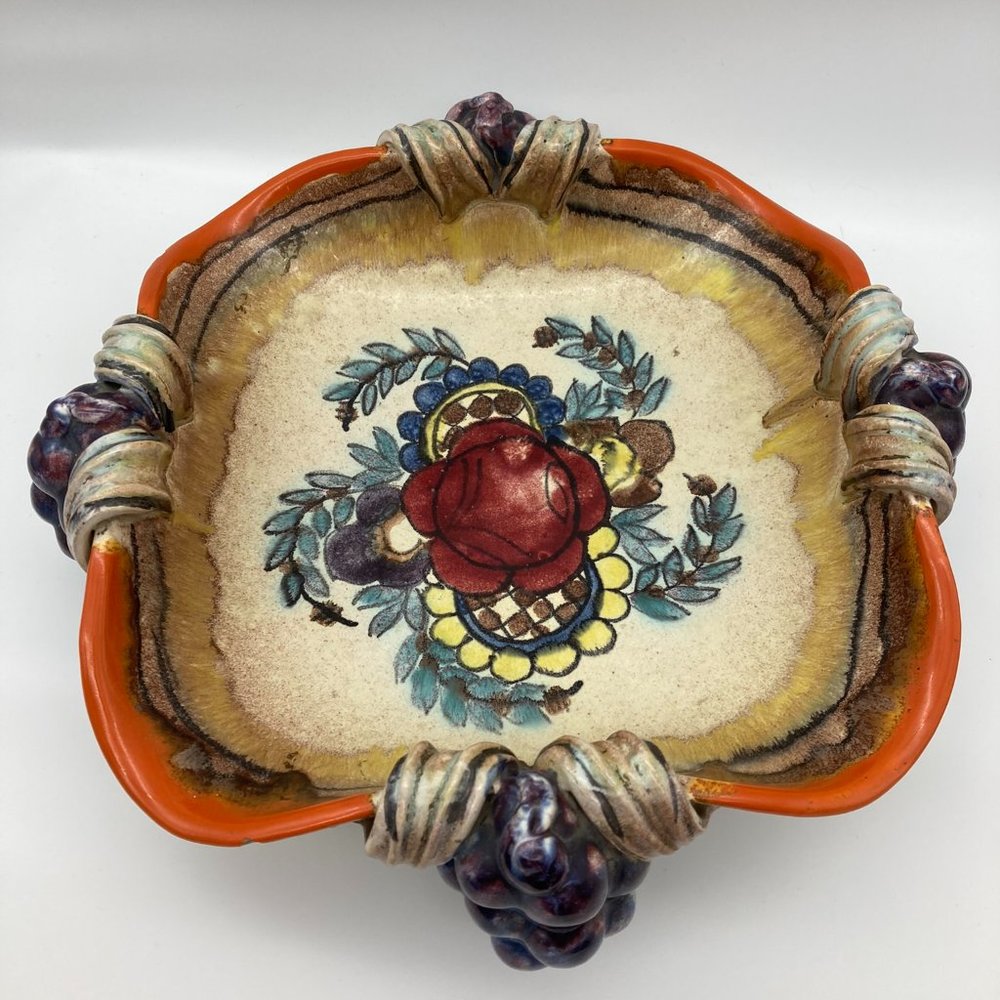 Vintage Meissen Majolica Footed Grapes Serving Plate/Dish Multicolored